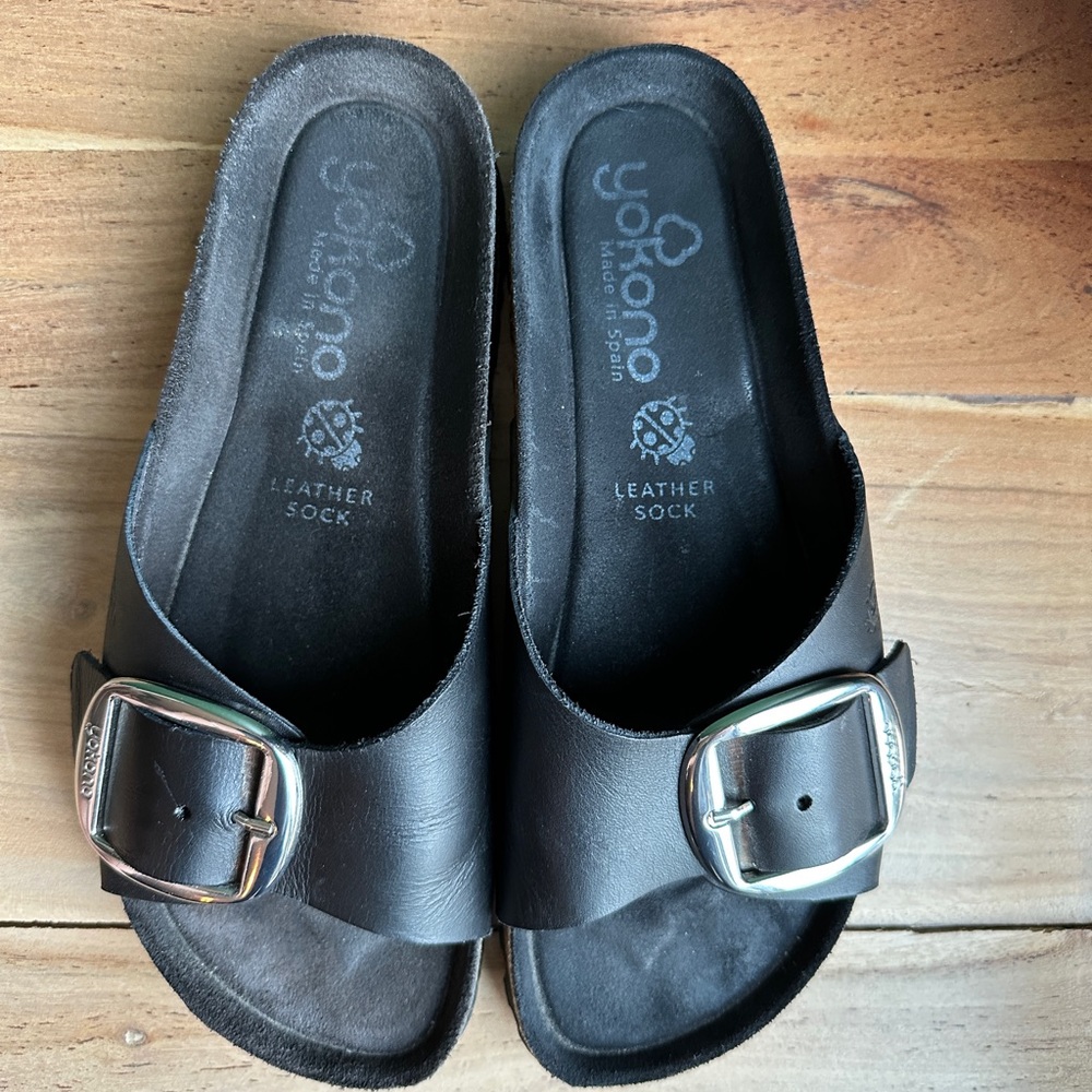 Black leather slides, size 37